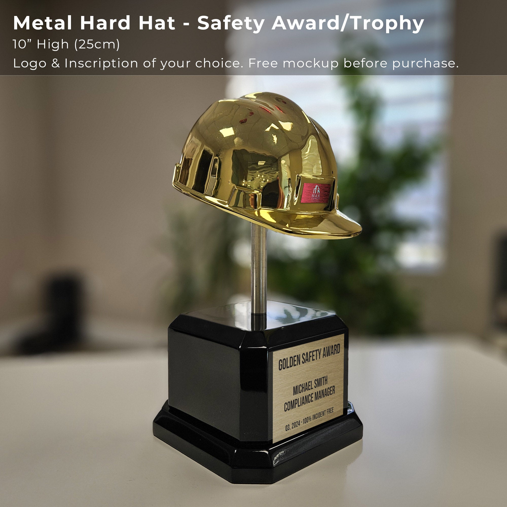 Custom Gold Electroplated Hard Hat Award – Perfect for Employee and Safety Recognition