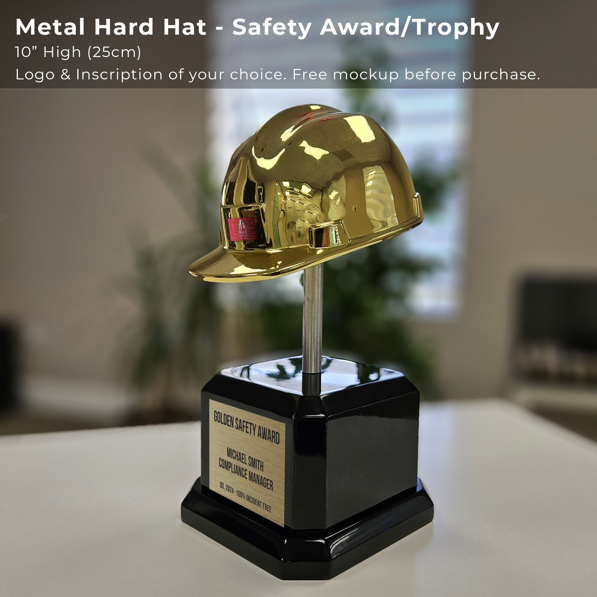 Custom Gold Electroplated Hard Hat Award – Perfect for Employee and Safety Recognition